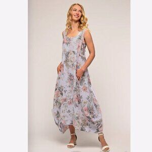 Tempo Paris 100% Linen Floral Maxi Dress with Pockets | Bohemian Lagenlook M